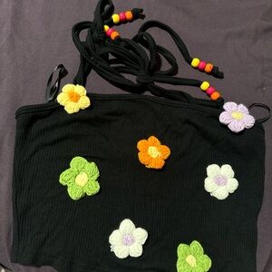 Floral Embroidered Black Crop Top